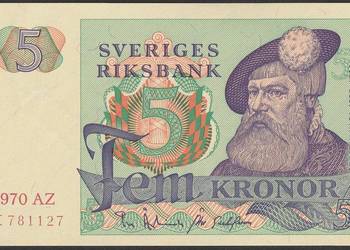 SZWECJA 5 KORON 1970 - STAN BANKOWY - UNC -