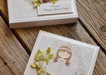 Kartka komunijna w pudełku z dziewczynką, chłopcem Kartka komunijna w pudełku z dziewczynką, chłopcem