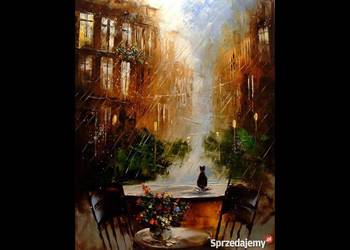 Kowalik - " A za oknem " - 50x40cm Obraz Olejny Kot Kotek Architektura