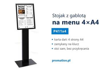 Czarny stojak z gablotą na menu 4×A4 do pensjonatu i restauracji P411x4