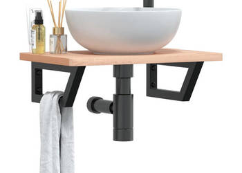 Półka ścienna pod umywalkę stal i lite drewno bukowe WM-3302359