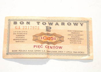Stary Bon Towarowy Pko 5 centów Pewex 1969 antyk