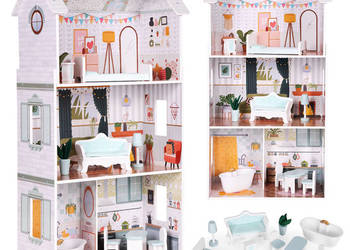 Domek dla lalek Alice 3 piętra 4 pomieszczenia komplet 9 mebelków ECOTOYS