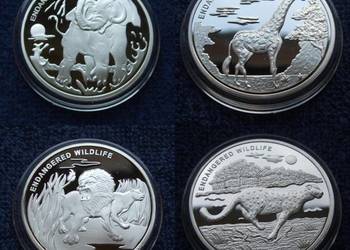 SREBRO 10 Frank Żyrafa Lew Gepard Lampart Hipopotam Słoń UNC