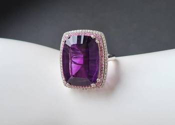 Pierścionek srebro 925 platynowane, ametyst, szafiry, cyrkony