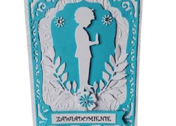 ZAWIADOMIENIA KOMUNIA CHŁOPIEC Z ŚWIECĄ  W RAMCE KORONKA B6 NIEBIESKI - BI