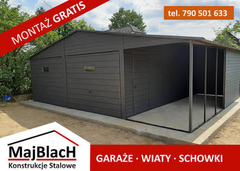 Garaż Blaszany GRAFITOWY +zadaszenie +bramy Garaże Blaszane -Maj-Blach