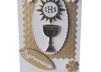 ZAPROSZENIA KOMUNIA UNIWERSALNE IHS SŁONECZKO KIELICH C6 ZŁOTO – BIEL