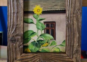 Obraz na desce ręcznie malowany "Słoneczniki" 19,5x13,5cm