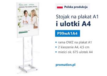 Biały stojak na plakat A1 i katalogi A4 do biura oraz showroomu firmy