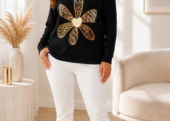 Czarna bluzka sweterek złota aplikacja kwiat łódka biust 108 plus size XXL
