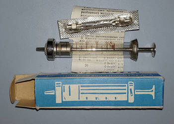 10× strzykawka szklana 5 ml ZSRR – nowe komplety, oryginał, NOS