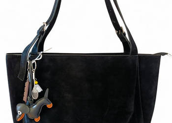 Torebka damska noir zamsz shopperka pojemna + brelok