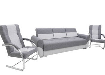 Zestaw Kanapa Tapicerowana Kasia - Dwa Fotele na Płozach Jasnoszare