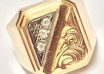 Złoty sygnet 585 14K Retro z diamentami 0.1ct Art Deco białe i różowe złoto