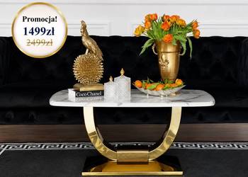 Stolik kawowy glamour złoty w stylu art deco z białym blatem