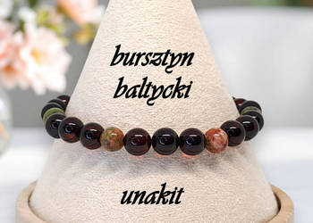 Bransoletka z bursztynu, BURSZTYN bałtycki, UNAKIT, kulka #826
