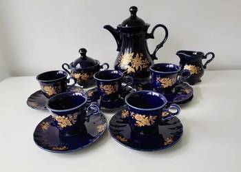 Stary niebieski, kobaltowy serwis kawowy porcelit Pruszków PRL 1960