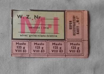 Kartka zaopatrzeniowa wzór M-I sierpień 1983 r. Oryginał z pieczątką.
