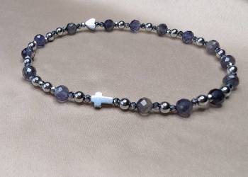 Bransoletka różaniec kamienie iolit krzyż serduszko prezent pamiątka hematy