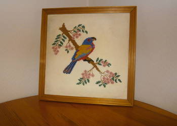 Obraz haftowany w ramie 27x27cm. rękodzieło vintage PRL