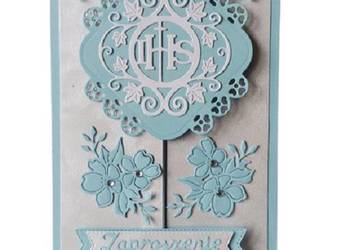 ZAPROSZENIA KOMUNIA CHŁOPIEC IHS W KWIATACH OTWIERANE B6 BŁĘKIT-BIEL