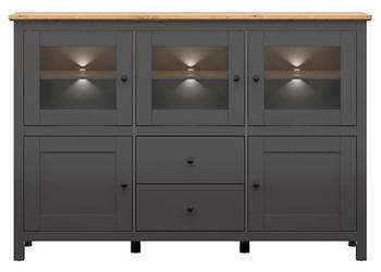 Nowa Komoda Hesen 186 cm witryna z 5 drzwiami i 2 szufladami grafit/dąb art