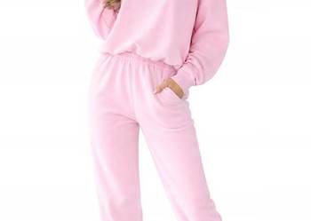 dres welurowy z naszywką bluza spodnie komplet ONE SIZE pudrowy róż