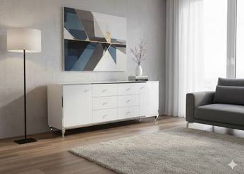 Komoda Szklana 170cm Białe Szkło Fazowane Lustrzana Nogi Ludwik Glamour