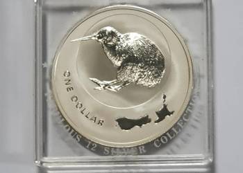 Srebrny numizmat ptak kiwi Nowa Zelandia 1 dolar