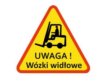 Naklejka ostrzegawcza Uwaga! wózki widłowe trójkąt żółta