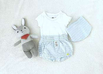 Komplet niemowlęcy So Cute 56 body białe spodenki bloomers niebieskie baweł