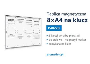 Tablica magnetyczna zamykana 8×A4 do biura, szkoły, zakładu pracy P402x8