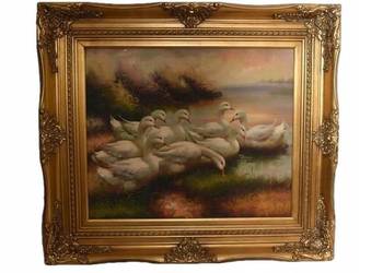 Rodzina Kaczek - Pływające Kaczki Kaczka - Złota Rama - Obraz Olejny 83x73