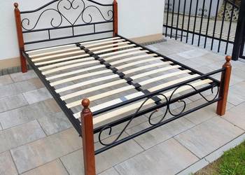 Łóżko metalowe podwójne drewniane nowoczesne dwuosobowe 200x180 materac