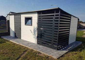 Domek ogrodowy 4×3m z drewutnią 1,5 x3 m – ciemny grafit matowy/ biały