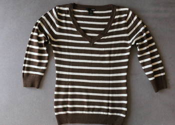 H&M - brązowo-beżowy sweterek w paski z dekoltem w serek, rę