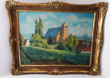 Obraz olejny na płótnie Antone Heydt (1880) pejzaż z winnicą i kościołem ro