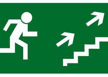 Naklejka BHP kierunek do wyjścia drogi ewakuacyjnej schodami w górę w praw…