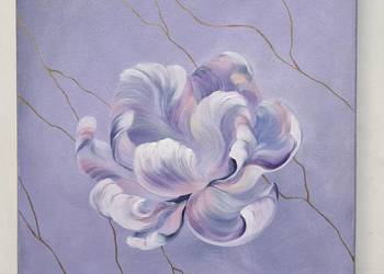 Obraz kwiat, złoto i widoczna struktura farby, 30x30cm