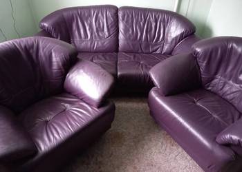 Sofa i dwa fotele skórzane fioletowe
