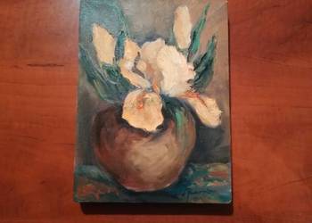 Obraz olejny na płótnie, żółte irysy. Rozmiar 18*24 cm
