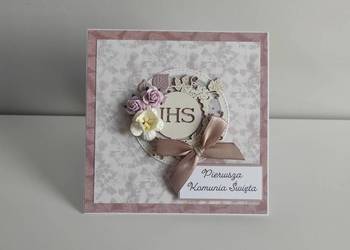 Kartka ręcznie robiona na Komunię Świętą liliowe różyczki Kartka ręcznie robiona na Komunię Świętą liliowe różyczki