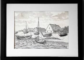Rysunek Wioska rybaków 30x40/21x30 nowy wyk. ręczne na papierze art.