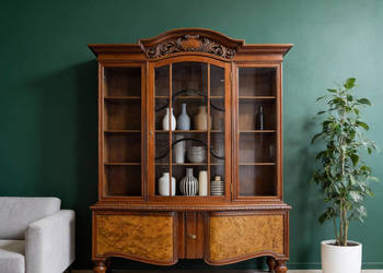 Wysoka drewniana WITRYNA na nóżkach BIBLIOTECZKA powojenna 3 półki SZPROSY