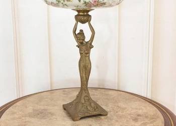 Antyczna Patera Stojąca z Kobietą - Porcelana + Brąz - Kwiaty