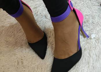 (40/41) Tęczowe kolorowe czółenka Szpilki wieczorowe z zapięciem, NOWE