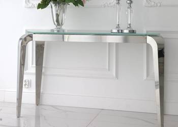 Konsola srebrna nowoczesna z białym szklanym blatem