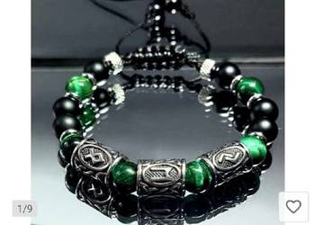 BRANSOLETKA STAL TRZY RUNY WIKINGÓW KAMIEŃ ZIELONE TYGRYSIE OKO HEMATYT