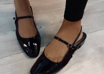 (43) Czarne baleriny czółenka wieczorowe z odkrytą piętą, NOWE